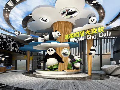 Panda Star Gala Interior With Cloud Shaped Decorations And Panda Figures 3d model
