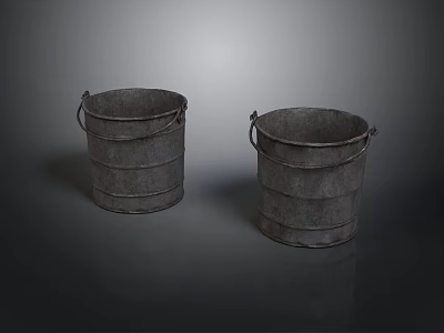 Two Vintage Metal Buckets With Handles On Dark Reflective Background 3d model