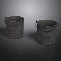 Two Vintage Metal Buckets With Handles On Dark Reflective Background