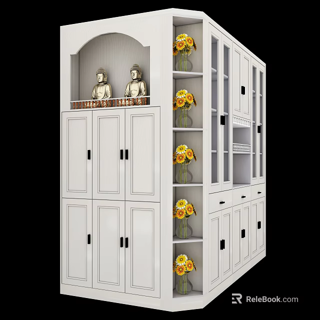 Classic White Buddhist Shrine Cabinet With Buddha Statues And Floral Vases 3d model 