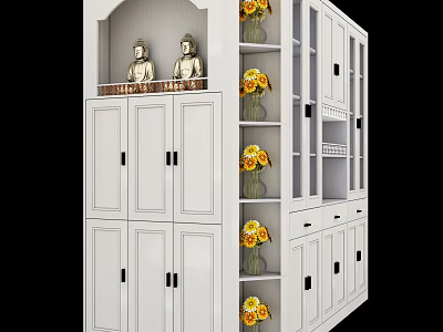 Classic White Buddhist Shrine Cabinet With Buddha Statues And Floral Vases 3d model