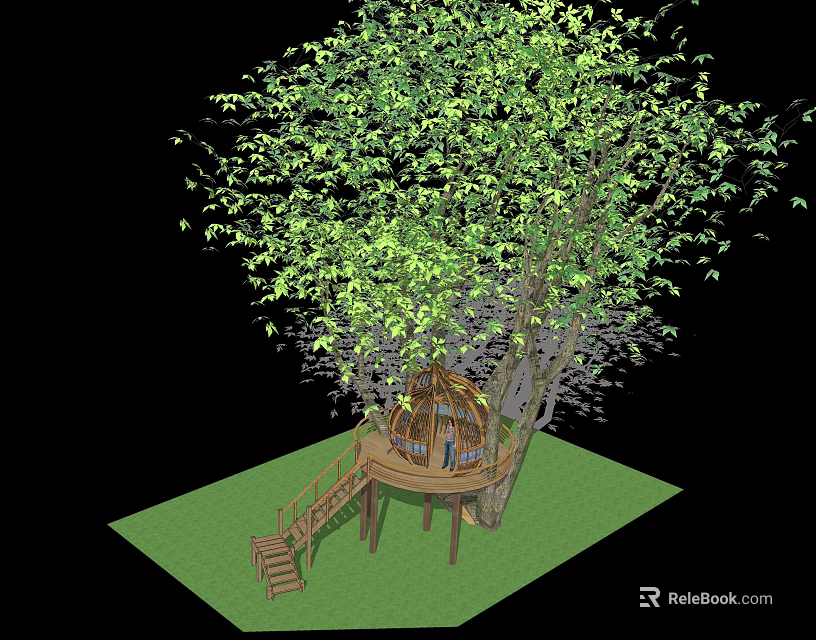 Wooden Tree House With Spiral Staircase And Green Leaves On Grass Area 3d model 