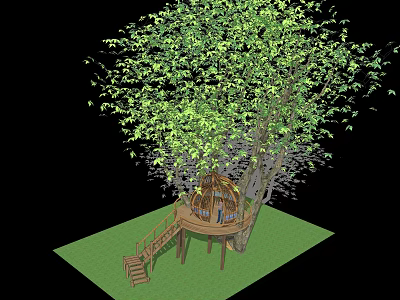 Wooden Tree House With Spiral Staircase And Green Leaves On Grass Area 3d model