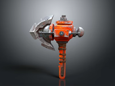 Orange Metal Battle Axe with Mechanical Components and Grip Handle 3d model