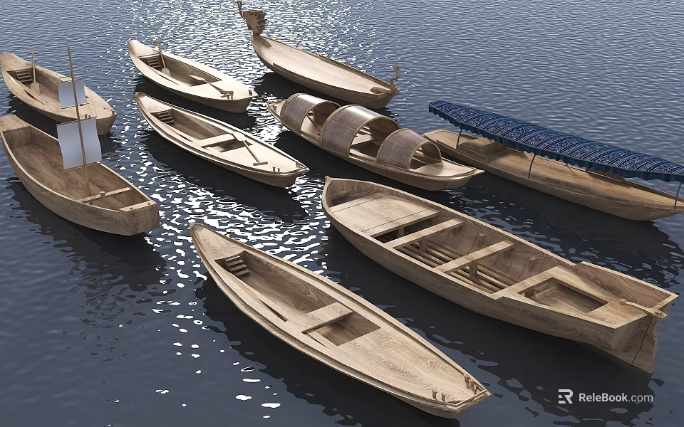 Traditional Wooden Boats Floating On Calm Water With Sunlight Reflection And Various Designs 3d model 