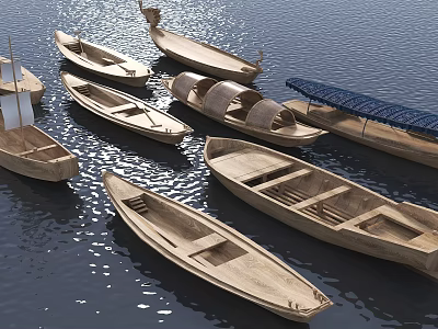 Traditional Wooden Boats Floating On Calm Water With Sunlight Reflection And Various Designs 3d model