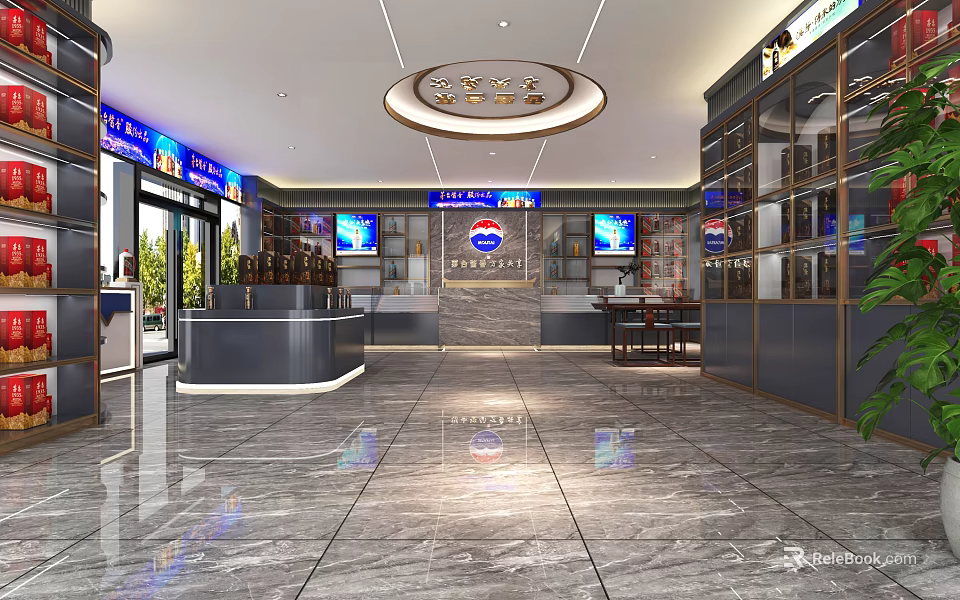 Modern Tobacco and Liquor Store Interior With Display Shelves Counter TV Screens And Marble Floor 3d model 