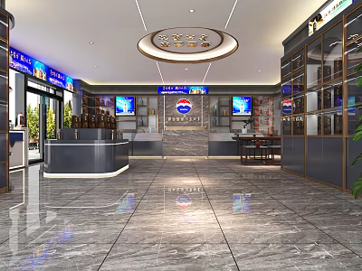 Modern Tobacco and Liquor Store Interior With Display Shelves Counter TV Screens And Marble Floor 3d model