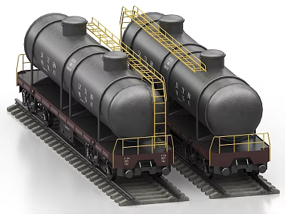 Black Train Tank Cars With Yellow Ladders On Railway Tracks 3d model