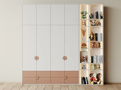 Modern Wardrobe With White And Brown Design Open Storage Shelves Books Stuffed Toys And Decorations 3d model