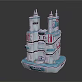 Cartoon Scene With Blue White Multi Layered Building Towers And Pink Accents On Platform Base
