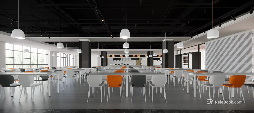 Modern Dining Area Interior With White Orange Gray Chairs And Hanging Lights 3d model 