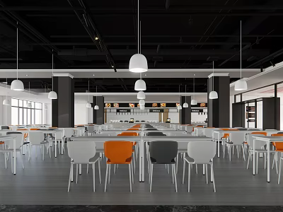 Modern Dining Area Interior With White Orange Gray Chairs And Hanging Lights 3d model