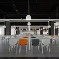 Modern Dining Area Interior With White Orange Gray Chairs And Hanging Lights