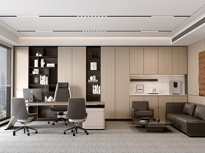 Modern Office Interior Design With Desk Office Chairs Bookshelves Sofa And Coffee Table 3d model
