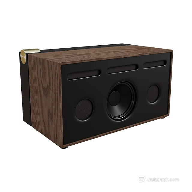 Wooden Bluetooth Speaker With Black Panel Circular Drivers And Golden Accent For Home Audio 3d model 
