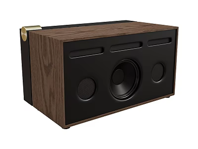 Wooden Bluetooth Speaker With Black Panel Circular Drivers And Golden Accent For Home Audio 3d model