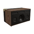 Wooden Bluetooth Speaker With Black Panel Circular Drivers And Golden Accent For Home Audio
