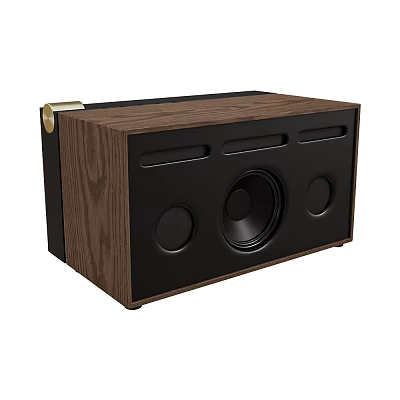 Wooden Bluetooth Speaker With Black Panel Circular Drivers And Golden Accent For Home Audio 3d model