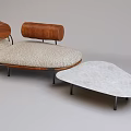 Modern Multi Seat Sofa With Wooden Backrests Light Cushions Metal Legs And Oval Coffee Table