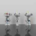 Three Robot Toys Displayed From Different Angles With Silver Blue Purple Details On Shiny Surface 3d model