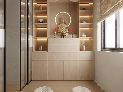 Modern Buddhist Shrine Cabinet With Buddha Statue Candles Wooden Shelves And Soft Lighting 3d model