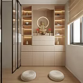 Modern Buddhist Shrine Cabinet With Buddha Statue Candles Wooden Shelves And Soft Lighting