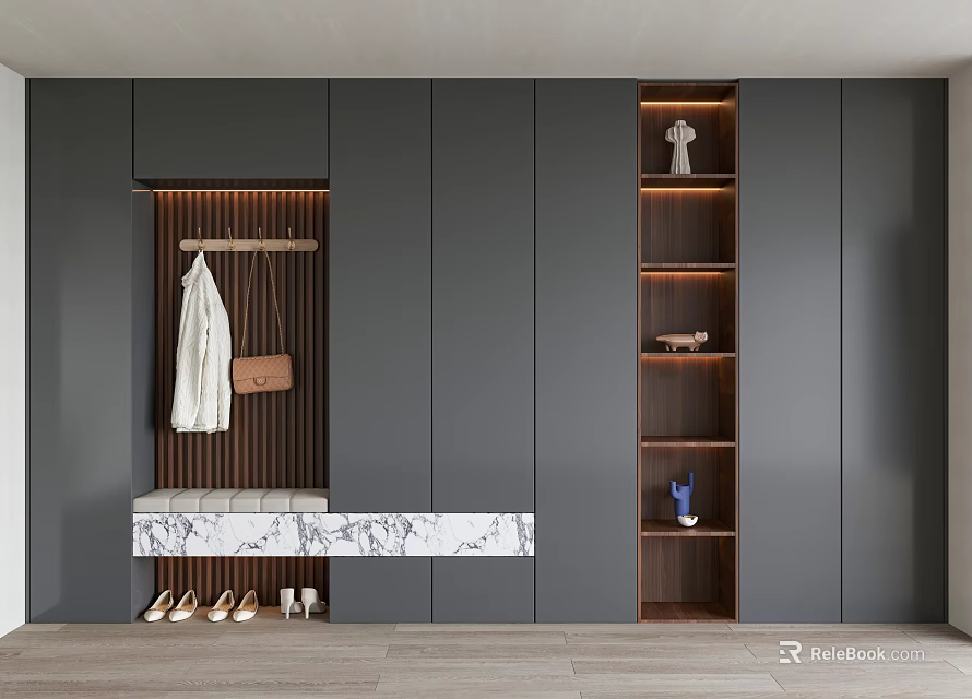 Modern Shoe Cabinet With Gray Cabinetry Coat Rack Marble Countertop Wooden Shelves And Decorative Items 3d model 