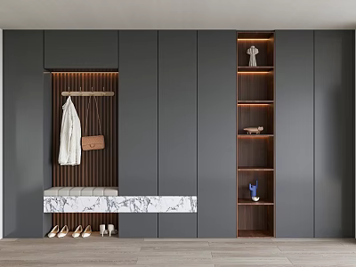 Modern Shoe Cabinet With Gray Cabinetry Coat Rack Marble Countertop Wooden Shelves And Decorative Items 3d model