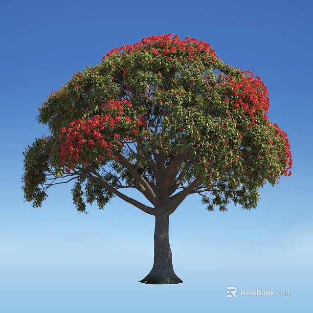 Tall Arbor with Vibrant Red Flowers and Lush Green Leaves Against Blue Sky 3d model 