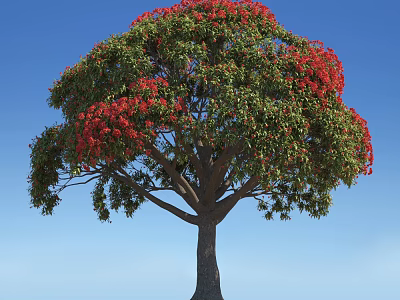 Tall Arbor with Vibrant Red Flowers and Lush Green Leaves Against Blue Sky 3d model