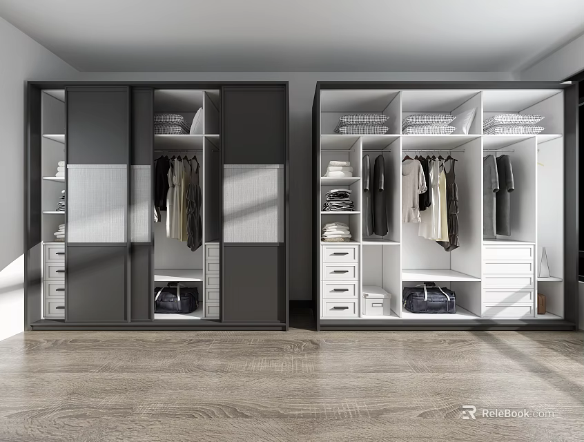 Built in Dark Gray and White Wardrobes with Hanging Clothes Folded Items and Storage Drawers 3d model 
