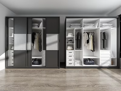 Built in Dark Gray and White Wardrobes with Hanging Clothes Folded Items and Storage Drawers 3d model