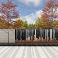 Serene Night Garden Landscape With Red Leaf Trees And Illuminated Waterfall Wall