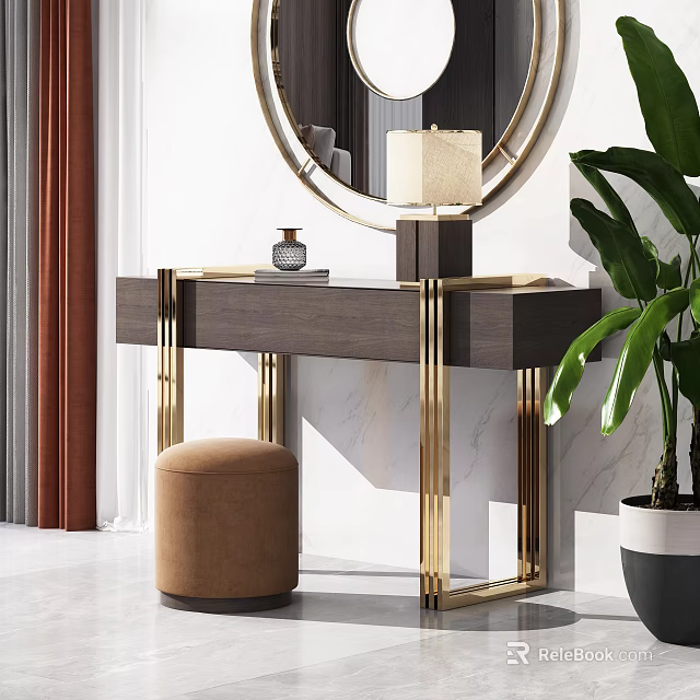 Dark Wood Console Table With Gold Frame Table Lamp And Brown Stool 3d model