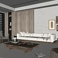 Modern Living Room Interior With Beige Sofa Wooden Coffee Table And Wall Art Plants