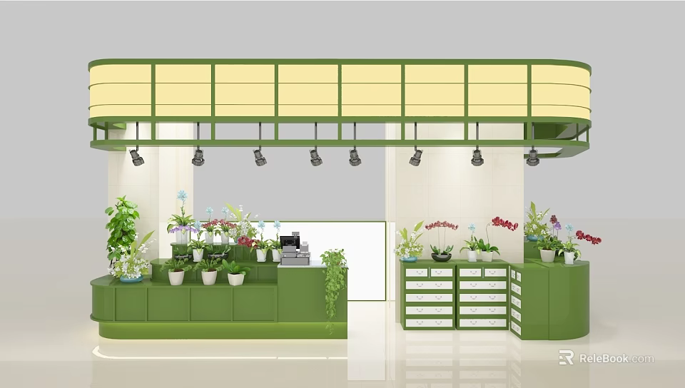 Beauty Store Interior With Green Counters Plants And Lighting Fixtures 3d model 