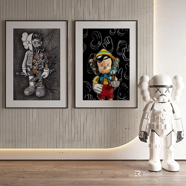 Decorative Interior With Two Art Paintings And White Doll Figurine 3d model