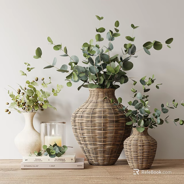 Decorative Ornament Set With Wicker Vases Eucalyptus Leaves White Vases Berry Branches And Candle 3d model 
