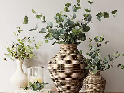 Decorative Ornament Set With Wicker Vases Eucalyptus Leaves White Vases Berry Branches And Candle 3d model