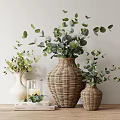 Decorative Ornament Set With Wicker Vases Eucalyptus Leaves White Vases Berry Branches And Candle