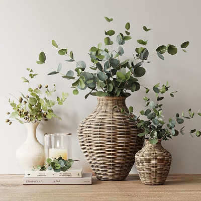Decorative Ornament Set With Wicker Vases Eucalyptus Leaves White Vases Berry Branches And Candle 3d model
