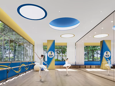 Ballet Fitness Training Studio with Large Windows Mirror Walls Blue Barres and Round Lights 3d model
