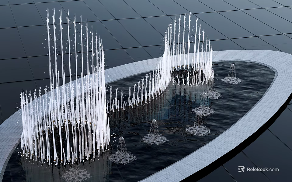 Modern Garden Fountain Ornament With Curved Water Jets And Pool Tiled Surface 3d model 