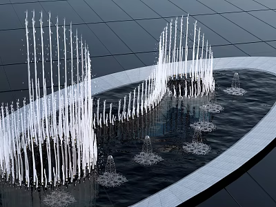 Modern Garden Fountain Ornament With Curved Water Jets And Pool Tiled Surface 3d model