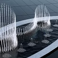 Modern Garden Fountain Ornament With Curved Water Jets And Pool Tiled Surface