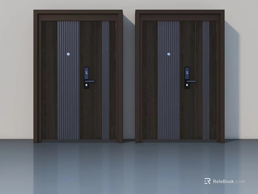 Modern Double Brown Swing Doors with Vertical Stripes and Lock Handles 3d model 