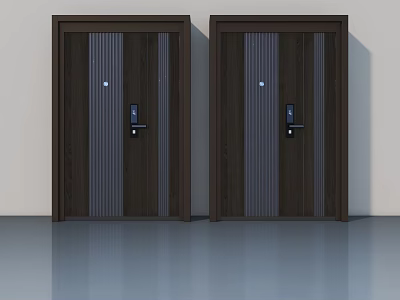 Modern Double Brown Swing Doors with Vertical Stripes and Lock Handles 3d model