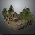 Rustic Wooden Cabin on Rocky Island Surrounded by Green Trees and Stone Path