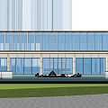 Modern Glass Curtain Wall Residential Building With Green Lawn And Urban Backdrop At Dusk